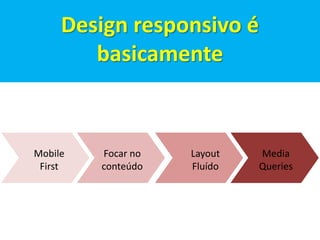 Focar no 
conteúdo 
Mobile 
First 
Layout 
Fluído 
Media 
Queries 
Design responsivo é 
basicamente 
 