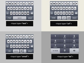 <input type="text"> <input type="url"> 
<input type="email"> <input type="tel"> 
 