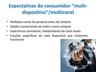 Expectativas do consumidor “multi-
dispositivo”/multicanal
• Múltiplos canais de pesquisa antes de comprar
• Opções convenientes de onde e como comprar
• Experiência consistente, independente do canal usado
• Funções específicas de cada dispositivo que realmente
funcionam
 
