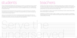 students                                                                                              teachers
     Find an overlooked demographic that is personal to you. Who in your life lacks access to creative     Choose a local, urgent issue and run a “quick-fire” exercise with your students. Play the role of
     solutions? A friend’s sister who has learning disabilities? Your grandmother, who struggles with      the public policy maker, and ask them to pitch design-based ideas as solutions. For example, has
     daily mobility? Start with those who are close to you and investigate the ways you could use design   your town recently seen a huge economic decline? Ask students to generate quick ideas and
     to improve their lives.                                                                               present them to you over the course of one studio class.

     Find at least two local organizations that are related to your project and show up to volunteer.      Go on “citizen field trips.” Spend a studio session volunteering at a senior citizen’s facility, YMCA
     Through service and immersion, you are likely to see opportunities you wouldn’t otherwise see         after school program, or soup kitchen.
     through traditional design research.
                                                                                                           Challenge your students to spend a night in a shelter or to work out at the gym in a wheelchair.
                                                                                                           Personal experience as part of an underserved demographic helps establish empathy and deep
     Start in your own backyard. Don’t look to the developing world oceans away when there are
                                                                                                           understanding of the need.
     homeless communities in your own city. Start locally, but keep global scalability in mind, and try
     to develop local solutions that have the potential for wider application.




     Serve the
28
     underserved                                                                                                                                                                                                   29
 