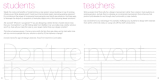 students                                                                                              teachers
     Weigh the costs and benefits of implementing a new system versus building on top of existing          Write a project brief that calls for a design improvement rather than creation. Give students an
     infrastructure. What already exists? Could your time be better spent improving existing solutions?    existing product, and ask them to develop an incremental improvement that enhances that
     Do not discount the power of incremental improvements over brand-new solutions. Are there ways        product and elevates its use through new functionality or new markets.
     to leverage the ubiquity or popularity of everyday objects into a life-improving design solutions?
                                                                                                           Use constraints to your advantage. For example, challenge your students to design with materials
     Ask yourself, “What am I up against?” If you are designing a better farmer’s market stand, know       from within a 100-mile radius or using only off-the-shelf components.
     that your “competition” is an $8 folding table from WalMart. Can you really pose a better solution,
     and if so, how will you make the case to your target market that your design is better?

     Think like a business person. Come to terms with the fact that new ideas can be hard sells. How
     will you convince people that your solution is worthy of their behavior change?




 Don’t reinvent
     Consult nature for age-old design solutions. Draw from biomimicry principles.




 the wheel
32                                                                                                                                                                                                            33
 