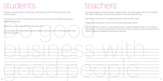 students                                                                                      teachers
     Develop a business plan for distribution, manufacturing, and marketing into all of your       Set a good example. Teach the value of good business, and help students learn how to present




 Do good
     school projects.                                                                              their ideas, collaborate, and meet new partners in the most respectful way.

     Write thank-you notes to your teachers, partners, and those who have helped develop your      Ask students to work within a budget and present their business cases.
     project along the way.
                                                                                                   Engage local businesses in your community as studio project clients.

     Reach out to your heroes and try to work with them.                                           Ask your students to submit a rough business plan or “systems-based strategy” to accompany
                                                                                                   their designs. This will encourage them to think about how the design fits into the real world, and
     Work alongside your classmates whenever possible. Stop every hour or so and give each other   where it might be overlapping with previous solutions.




 business with
     informal evaluations.




 good people
36                                                                                                                                                                                                       37
 