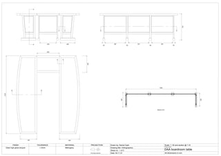 50
567
69
557
69
567
50
2100
450
600
550
450
720
400
449
A
A
B
B
C
C D
D
E
E
1900
352
Section D-D
402
FINISH TOLERANCE MATERIAL PROJECTION Drawn by: Daniel Cash Scale: 1: 20 and section @ 1:10
Drawing title: Orthographics
Sheet no.: 1 of 3
Date: 04.11.21
Project name:
DAA boardroom table
All dimensions in mm
Clear high gloss lacquer
First angle projection
+-2mm Mahogany
 