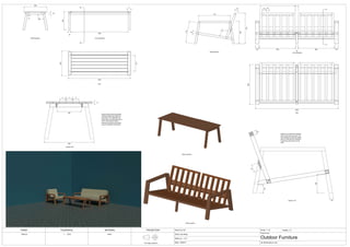 Front Elevation
Plan
Side Elevation
45
45
770
101°
960
5
1
2
550
95 883
45
883 95
2000
740
A
A
115 45
Front Elevation
Plan
Side Elevation
446
600
550
100°
15
45
1390
45
B
B
71
377
1500
Section B-B
292
71 9 71 9 71
21
Section B-B shows the jointing
method between the table top
and frame. The table legs are
joined with two stretchers with a
7mm x 5mm groove which
houses the buttons and leaves
room for seasonal movement.
600
Section A-A
4
5
9
1
100
230
45
Section A-A shows the meeting
point of the back and seat. The
rear stretcher houses the mitred
tenons, while the front stretcher
houses the stub tenons of the
seat.
FINISH TOLERANCE MATERIAL PROJECTION Drawn by: DC Scale: 1: 10
Client: Joe Soap
Sheet no.: 1 of 1
Date: 13/04/21
Project name:
Outdoor Furniture
All dimensions in mm
Teak oil
First angle projection
+- 2mm
Details: 1:5
Iroko
Table isometric
Sofa isometric
 