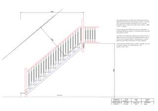 3360
2860
2
0
0
0
Designed by
Student number Assignment
Module
TU732
Due date
Scale
Detail scale
Stairs
Joinery
N/A
1:20
Semester 1
14-12-20
C19720711
Daniel Cash
Site measurements of 2.86m from finished floor level to
finished floor level and a max going of 3.25m. To comply
with Technical Guidance Document Part K, the max
permitted rise in a stairs for private use is 220mm. 2.86m
÷ 220 = 13 risers
A maximum going of 260mm per tread is permitted. 12
treads @ 260mm per tread = 3.12m which falls under the
max going of 3.25m.
As stated in the Technical Guidance Document Part K, a
stairs can have a max pitch of 42 degrees.With a rise of
220mm and a going of 260mm, trigonometry is used to
determine the pitch of the stairs to be 40.2 degrees.
The documents states that for a stairs to comply, the sum
of: 2(rise) + going = min. 550 and max. 700.
2(220) + 260 = 700.
Elevation
 