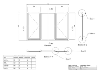 1212
1800
549 549
1128
Window A finished cutting list
Piece Length(mm) Width(mm) Thickness(mm) Quantity
Top Rail 549 55 45 2
Bottom Rail 549 55 45 2
Stiles 1116 55 45 4
Mullion 1800 70 60 2
Frame head 1800 70 60 1
Frame jamb 2112 70 60 2
Frame cill 1800 70 60 1
Section G-G
Section H-H
Elevation
G
H
G
H
Detail 4
Detail 5
Detail 6
Detail 7
Name:
Student no.:
Date:
Module: Title:
Detail scale:
Scale:
Assignment:
Daniel Cash
C19720711
26/02/21
Estimating
Estimating
1:10
N/A
Window A
 