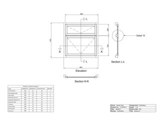 912
900
524
290
863
Window C finished cutting list
Piece Length(mm) Width(mm) Thickness(mm) Quantity
Vent top Rail 826 55 45 1
Vent bottom Rail 826 55 45 1
Vent stiles 290 55 45 2
Casement top rail 826 55 45 1
Casement bottom rail 826 55 45 1
Casement stile 524 55 45 2
Transom 900 70 60 1
Frame head 900 70 60 1
Frame jamb 912 70 60 2
Frame cill 900 70 60 1
Elevation
Section K-K
Section L-L
K
L
Detail 10
K
L
Name:
Student no.:
Date:
Module: Title:
Detail scale:
Scale:
Assignment:
Daniel Cash
C19720711
26/02/21
Estimating
Estimating
1:10
N/A
Window C
 
