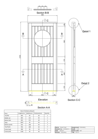 900
2100
95
95
922
215
600
215
95 644 95
92 92 92
95
44
Door A finished cutting list
Piece Length(mm) Width(mm) Thickness(mm) Quantity
Top Rail 845 95 44 1
Middle rail 845 215 44 1
Bottom Rail 845 215 44 1
Stiles 2047 95 44 2
Bottom panels 632 108 44 7
Top Panels 956 108 44 7
Frame head 900 95 44 1
Frame jamb 2100 95 44 2
A
B
C
Section A-A
Section B-B
Section C-C
Elevation
Detail 1
Detail 2
A
B
C
Name:
Student no.:
Date:
Module: Title:
Detail scale:
Scale:
Assignment:
Daniel Cash
C19720711
26/02/21
Estimating
Estimating
1:10
N/A
Door A
 