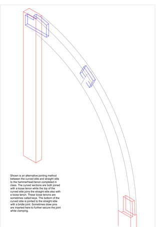 Shown is an alternative jointing method
between the curved stile and straight stile
to the hammerhead tenon completed in
class. The curved sections are both joined
with a loose tenon while the top of the
curved stile joins the straight stile also with
a loose tenon. These loose tenons are
sometimes called keys. The bottom of the
curved stile is jointed to the straight stile
with a bridle joint. Sometimes draw pins
are inserted here to further secure the joint
while clamping.
 