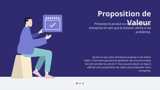 Proposition de
Valeur
Présentez le produit ou le service de votre
entreprise en tant que la solution ultime à ces
problèmes.
Qu'est-ce que votre entreprise propose à vos clients
cibles ? Comment peuvent-ils bénéficier des fonctionnalités
de votre produit ou service ? Vous pouvez placer un logo à
côté de votre proposition de valeur pour présenter votre
entreprise.
 