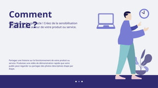 Comment
Faire ?
C'est l'heure du spectacle ! Créez de la sensibilisation
et de la curiosité autour de votre produit ou service.
Partagez une histoire sur le fonctionnement de votre produit ou
service. Produisez une vidéo de démonstration rapide que votre
public peut regarder ou partagez des photos descriptives étape par
étape.
 