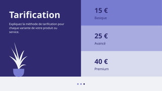 40 €
Premium
Tarification
Expliquez la méthode de tarification pour
chaque variante de votre produit ou
service.
25 €
Avancé
15 €
Basique
 