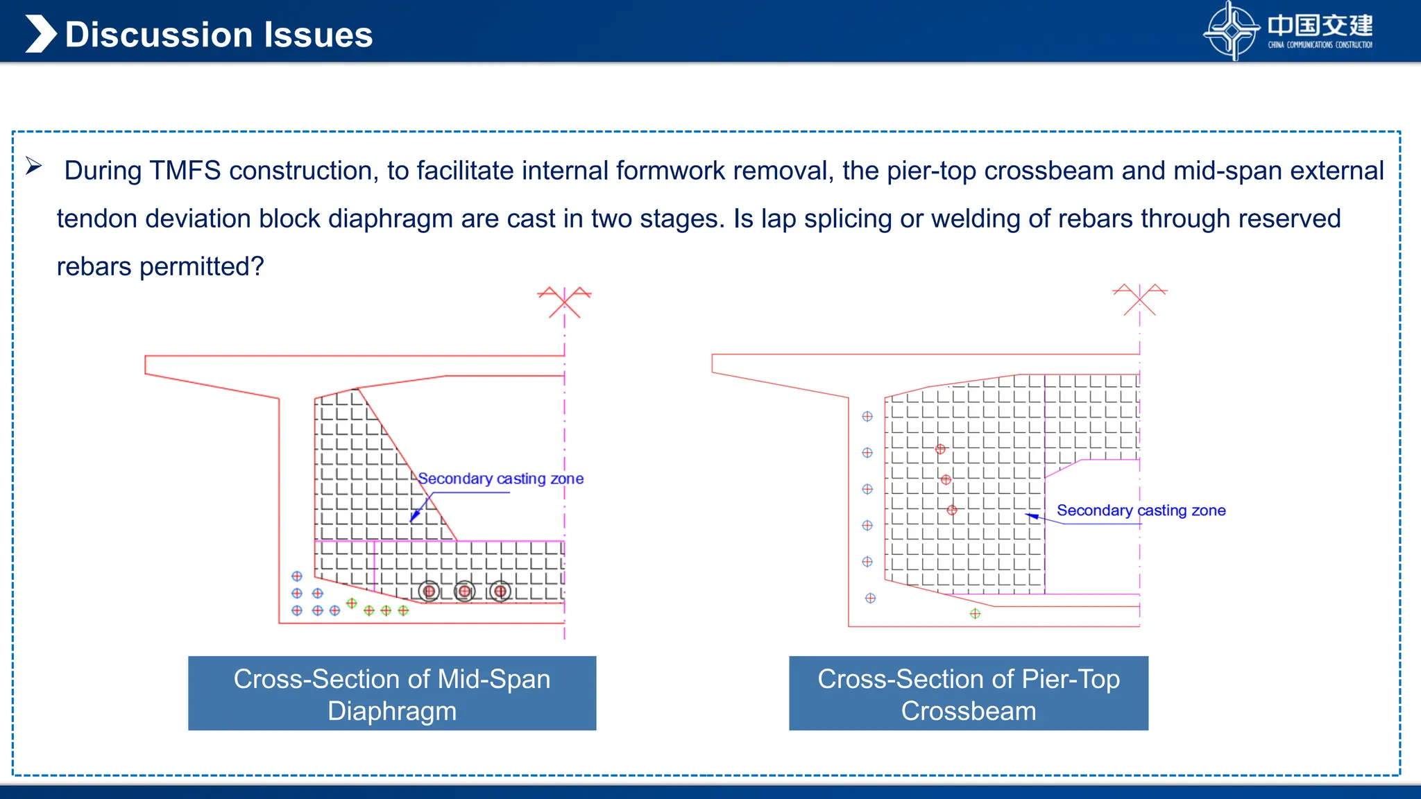  During TMFS construction, to facilitate internal formwork removal, the pier-top crossbeam and mid-span external
tendon deviation block diaphragm are cast in two stages. Is lap splicing or welding of rebars through reserved
rebars permitted?
Discussion Issues
Cross-Section of Mid-Span
Diaphragm
Cross-Section of Pier-Top
Crossbeam
 