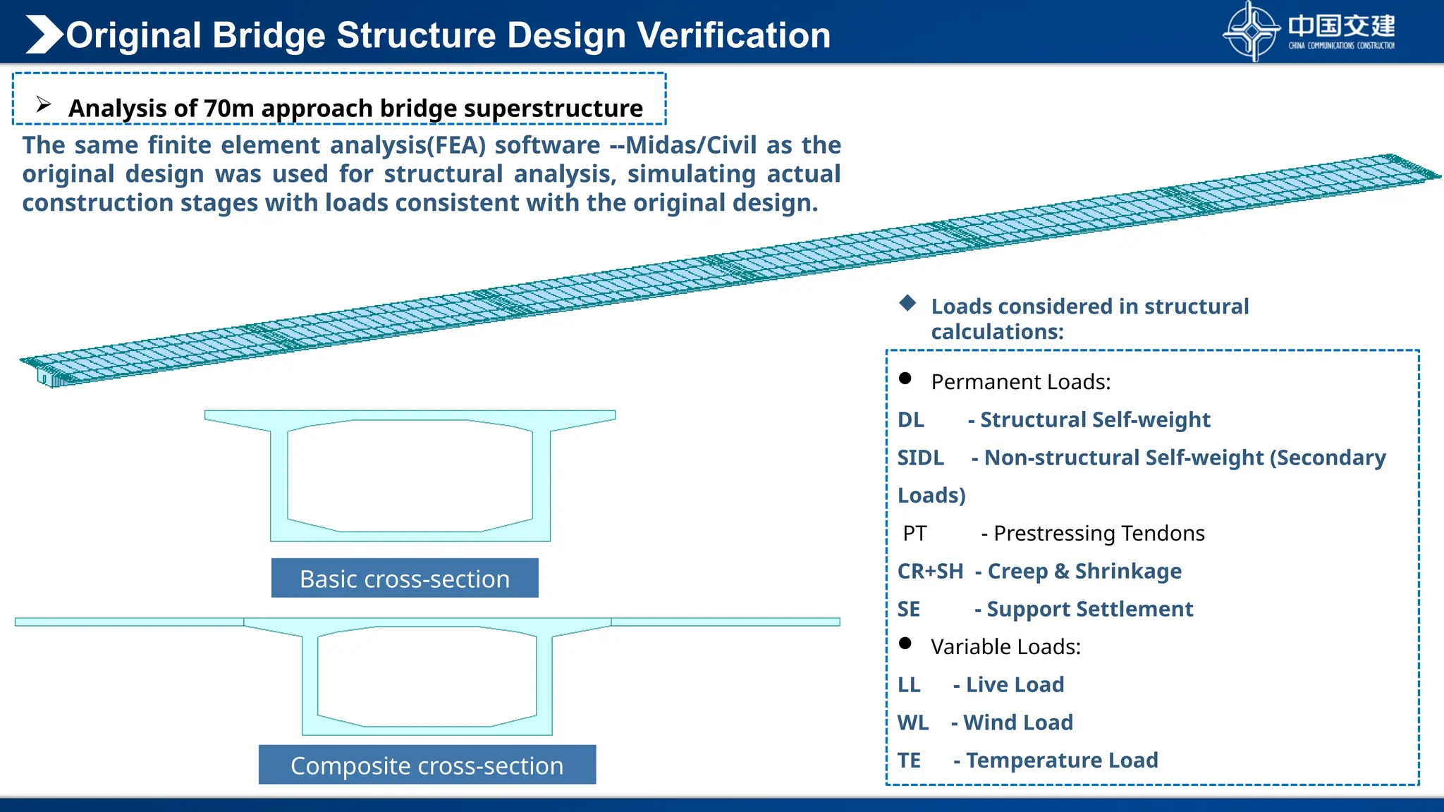  Analysis of 70m approach bridge superstructure
Basic cross-section
Composite cross-section
 Permanent Loads:
DL - Structural Self-weight
SIDL - Non-structural Self-weight (Secondary
Loads)
PT - Prestressing Tendons
CR+SH - Creep & Shrinkage
SE - Support Settlement
 Variable Loads:
LL - Live Load
WL - Wind Load
TE - Temperature Load
The same finite element analysis(FEA) software --Midas/Civil as the
original design was used for structural analysis, simulating actual
construction stages with loads consistent with the original design.
 Loads considered in structural
calculations:
Original Bridge Structure Design Verification
 