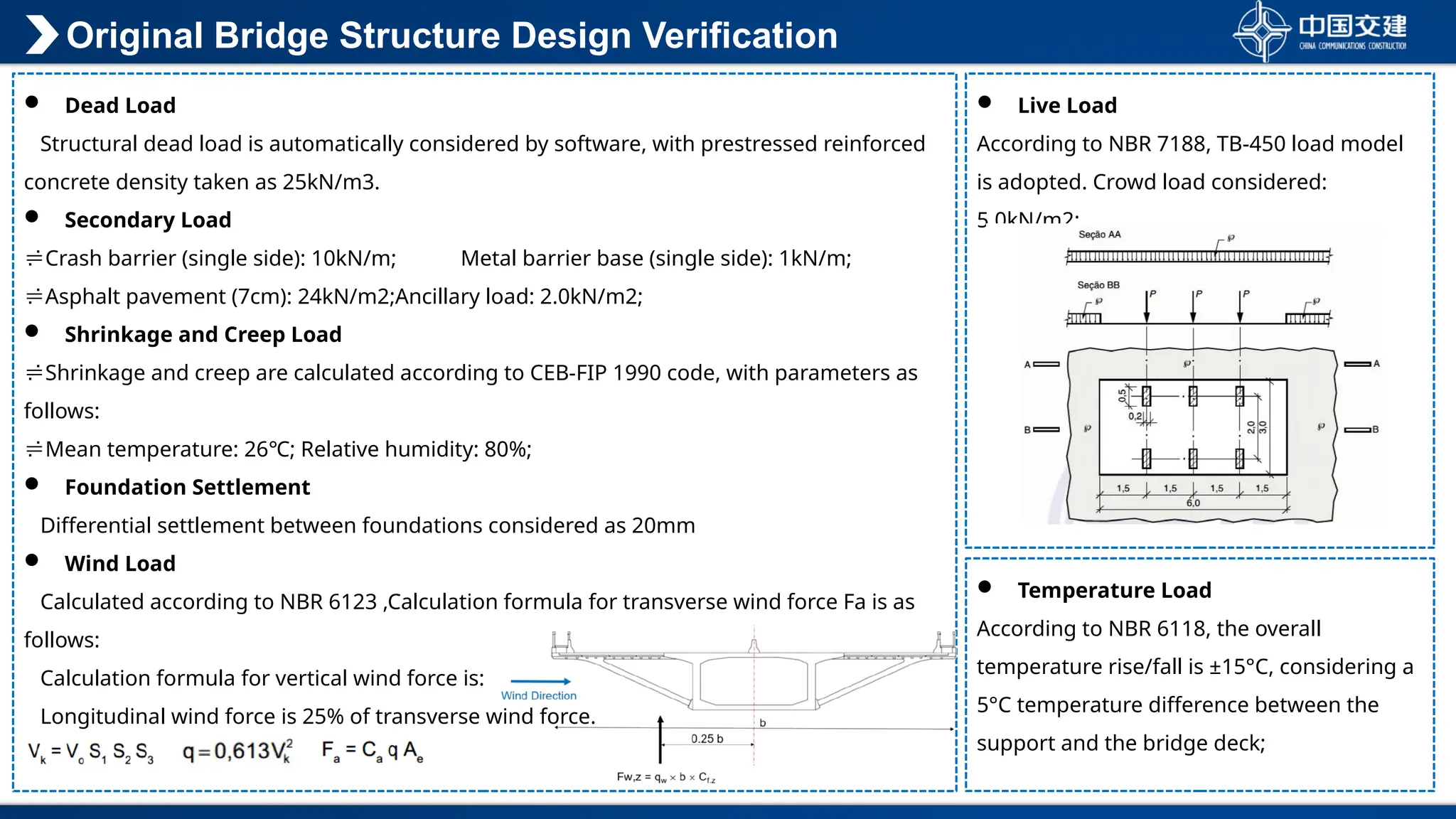  Live Load
According to NBR 7188, TB-450 load model
is adopted. Crowd load considered:
5.0kN/m2;
 Dead Load
Structural dead load is automatically considered by software, with prestressed reinforced
concrete density taken as 25kN/m3.
 Secondary Load
Crash barrier (single side): 10kN/m; Metal barrier base (single side): 1kN/m;
Asphalt pavement (7cm): 24kN/m2;Ancillary load: 2.0kN/m2;
 Shrinkage and Creep Load
Shrinkage and creep are calculated according to CEB-FIP 1990 code, with parameters as
follows:
Mean temperature: 26℃; Relative humidity: 80%;
 Foundation Settlement
Differential settlement between foundations considered as 20mm
 Wind Load
Calculated according to NBR 6123 ,Calculation formula for transverse wind force Fa is as
follows:
Calculation formula for vertical wind force is:
Longitudinal wind force is 25% of transverse wind force.
 Temperature Load
According to NBR 6118, the overall
temperature rise/fall is ±15°C, considering a
5°C temperature difference between the
support and the bridge deck;
Original Bridge Structure Design Verification
 