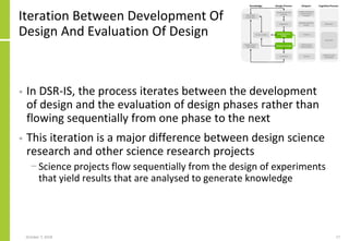 Iteration Between Development Of
Design And Evaluation Of Design
• In DSR-IS, the process iterates between the development
of design and the evaluation of design phases rather than
flowing sequentially from one phase to the next
• This iteration is a major difference between design science
research and other science research projects
− Science projects flow sequentially from the design of experiments
that yield results that are analysed to generate knowledge
October 7, 2018 17
 