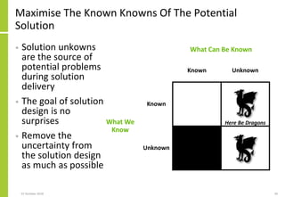 Maximise The Known Knowns Of The Potential
Solution
• Solution unkowns
are the source of
potential problems
during solution
delivery
• The goal of solution
design is no
surprises
• Remove the
uncertainty from
the solution design
as much as possible
07 October 2018 39
What Can Be Known
Known Unknown
What We
Know
Known
Here Be Dragons
Unknown
 