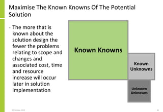 Maximise The Known Knowns Of The Potential
Solution
07 October 2018 40
Known Knowns
Known
Unknowns
Unknown
Unknowns
• The more that is
known about the
solution design the
fewer the problems
relating to scope and
changes and
associated cost, time
and resource
increase will occur
later in solution
implementation
 