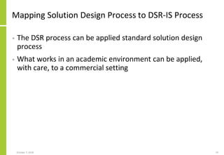 Mapping Solution Design Process to DSR-IS Process
• The DSR process can be applied standard solution design
process
• What works in an academic environment can be applied,
with care, to a commercial setting
October 7, 2018 74
 
