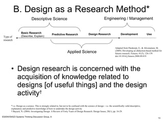B. Design as a Research Method* ,[object Object],* i.e. Design as a science. This is strongly related to, but not to be confused with the science of design – i.e. the scientifically valid descriptive, explanatory and predictive knowledge of how to undertake the design activity †  Bayazit, N. (2004). Investigating Design: A Review of Forty Years of Design Research. Design Issues, 20(1), pp. 16-29.  Adapted from Patokorpi, E., & Ahvenainen, M. (2009). Developing an abduction-based method for futures research. Futures, 41(3), 126-139. doi:10.1016/j.futures.2008.09.019 Type of research Basic Research (Describe, Explain) Predictive Research Design Research Development Use Descriptive Science Applied Science Engineering / Management 
