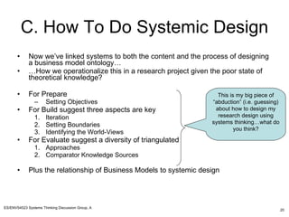C. How To Do Systemic Design <ul><li>Now we’ve linked systems to both the content and the process of designing a business ...