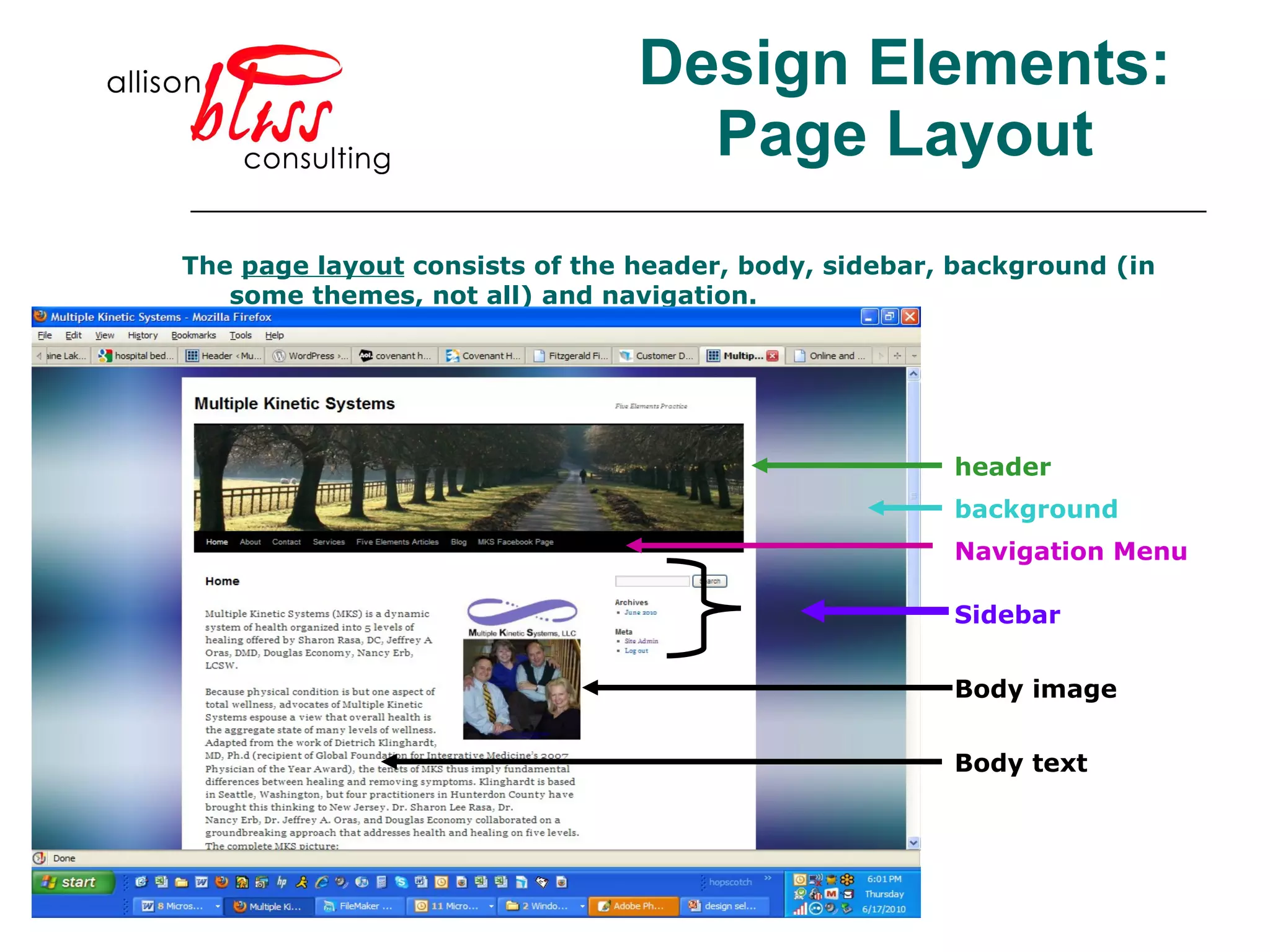 Design Elements: Page Layout The  page layout  consists of the header, body, sidebar, background (in some themes, not all) and navigation.  Navigation Menu header background Body text Body image Sidebar 