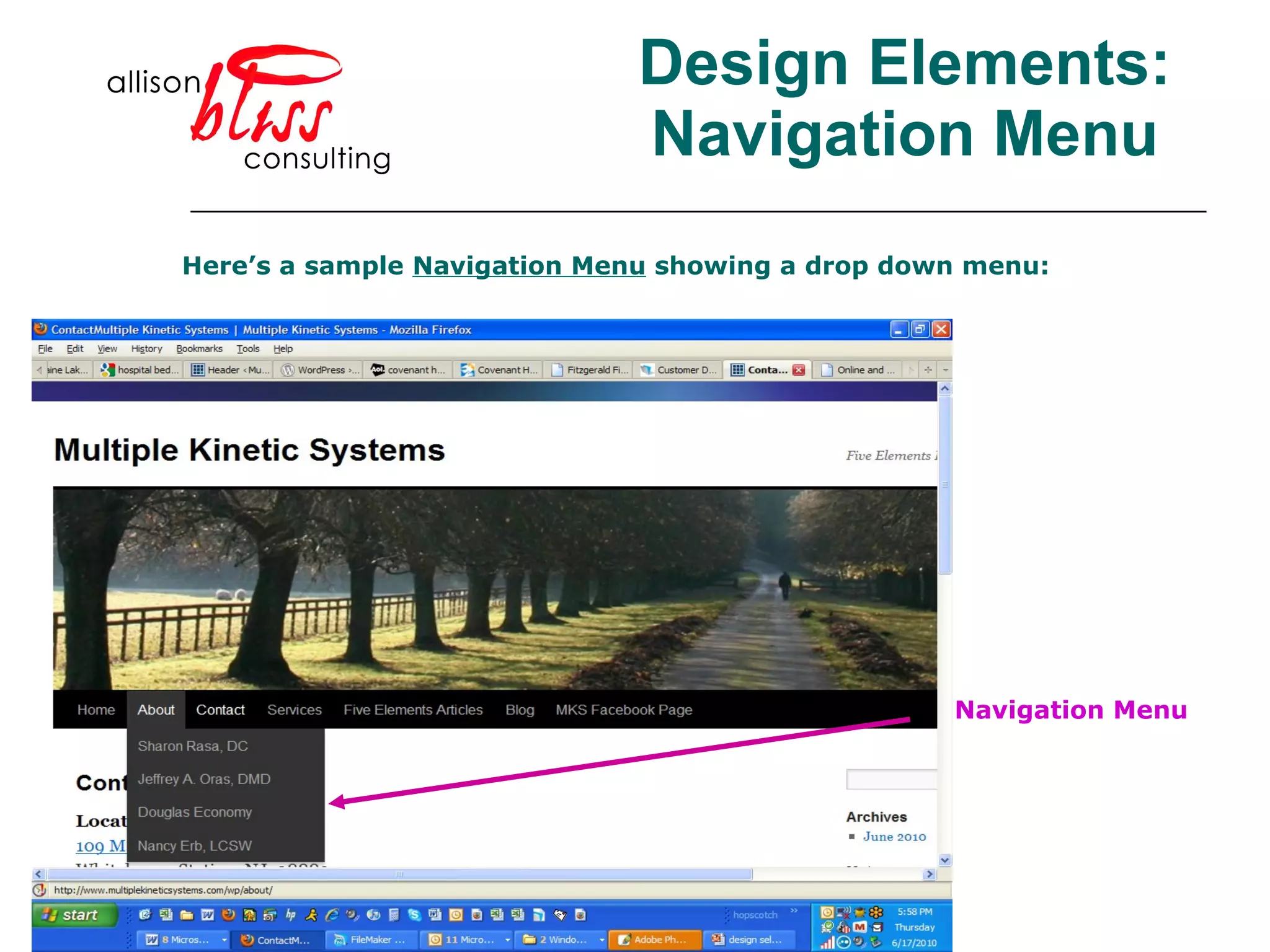 Design Elements: Navigation Menu Here’s a sample  Navigation Menu  showing a drop down menu: Navigation Menu 