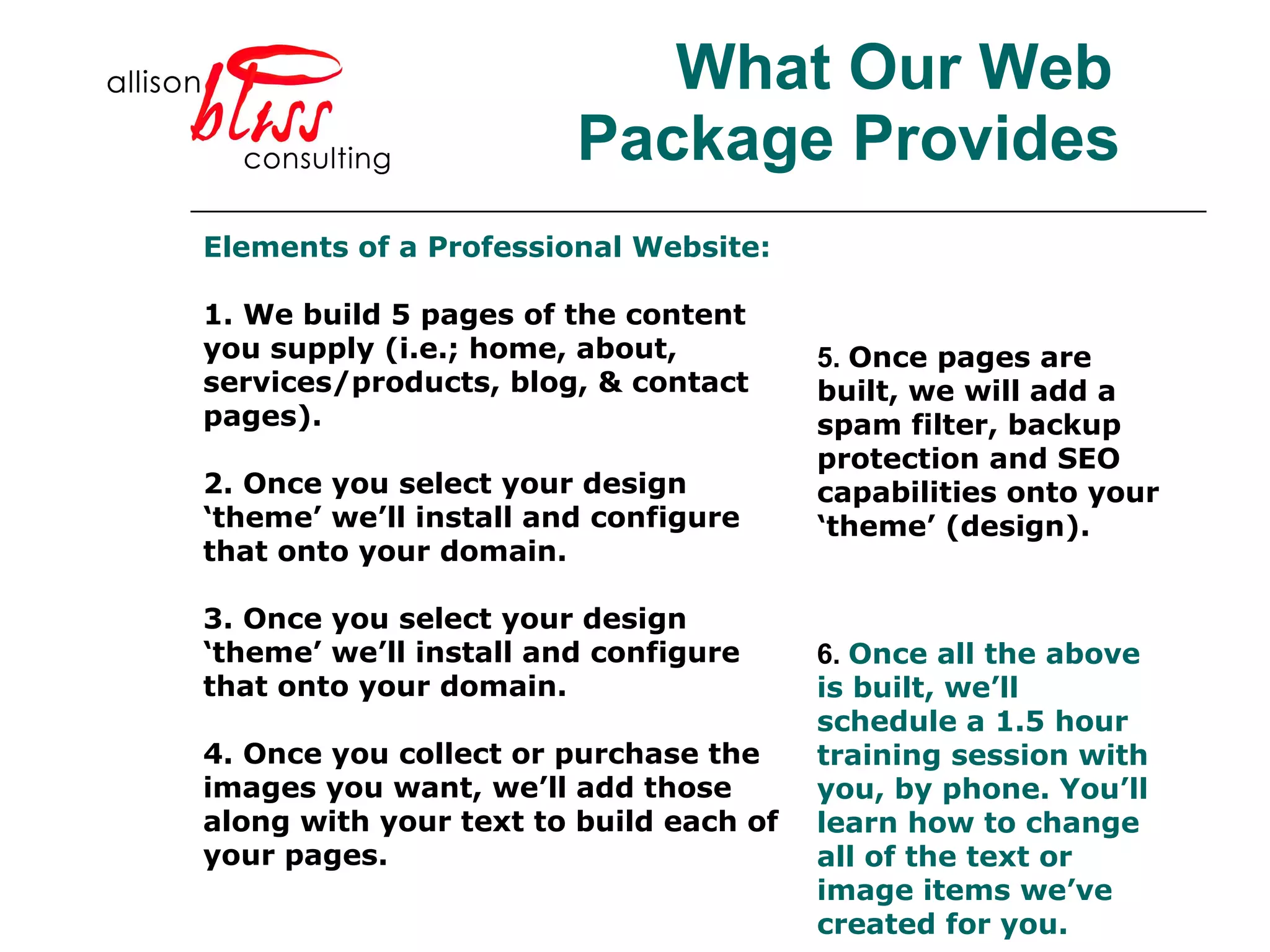 What Our Web Package Provides 5.  Once pages are built, we will add a spam filter, backup protection and SEO capabilities onto your ‘theme’ (design). Elements of a Professional Website: 1. We build 5 pages of the content you supply (i.e.; home, about, services/products, blog, & contact pages). 2. Once you select your design ‘theme’ we’ll install and configure that onto your domain.  3. Once you select your design ‘theme’ we’ll install and configure that onto your domain.  4. Once you collect or purchase the images you want, we’ll add those along with your text to build each of your pages.  6.  Once all the above is built, we’ll schedule a 1.5 hour training session with you, by phone. You’ll learn how to change all of the text or image items we’ve created for you.  