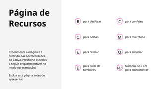 Experimente a mágica e a
diversão das Apresentações
do Canva. Pressione as teclas
a seguir enquanto estiver no
modo Apresentação!
Exclua esta página antes de
apresentar.
Página de
Recursos B C
M
O
Q
U
N.º
para desfocar para confetes
D
para rufar de
tambores
para microfone
para bolhas
para silenciar
para revelar
Número de 0 a 9
para cronometrar
 