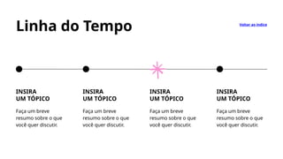 Linha do Tempo
INSIRA
UM TÓPICO
Faça um breve
resumo sobre o que
você quer discutir.
Voltar ao índice
INSIRA
UM TÓPICO
Faça um breve
resumo sobre o que
você quer discutir.
INSIRA
UM TÓPICO
Faça um breve
resumo sobre o que
você quer discutir.
INSIRA
UM TÓPICO
Faça um breve
resumo sobre o que
você quer discutir.
 