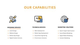 DESIGNING SERVICES
PoweredbyNeuroInteractive
❖ UI/UX Design
❖ Website Design
❖ Mobile App Design
❖ Digital Creative Services
MARKETING SOLUTIONS
❖ Search Engine Optimization
❖ Social Media Marketing
❖ Digital Media Marketing
❖ Content Marketing
TECHNICALSERVICES
❖ Web Development
❖ Mobile App Development
❖ Cloud Data Engineering
❖ E-Commerce Solutions
OUR CAPABILITIES
 