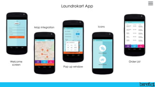 Laundrokart App
Welcome
screen
Map integration
Pop up window
Icons
Order List
 