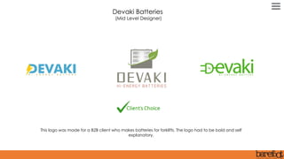 This logo was made for a B2B client who makes batteries for forklifts. The logo had to be bold and self
explanatory.
Devaki Batteries
(Mid Level Designer)
 