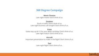 360 Degree Campaign
Movie Theatre
Late night movie? Don’t think of us.
Outdoor
Stuck in traffic? Don’t think of us.
Late night business call tonight? Don’t think of us.
Press
Gotta stay up till 12 for your Wife’s birthday? Don’t think of us.
Late night match? Don’t think of us.
Aircraft
Important presentation to make in the flight? Don’t think of us.
Taxi
Late night flight? Don’t think of us..
 
