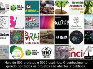 Mais de 500 projetos e 5000 usuários. O conhecimento
gerado por todos os projetos são abertos e públicos.
 