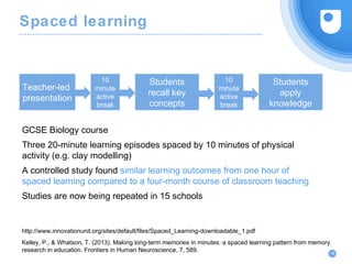 Spaced learning
18
http://www.innovationunit.org/sites/default/files/Spaced_Learning-downloadable_1.pdf
Kelley, P., & Whatson, T. (2013). Making long-term memories in minutes: a spaced learning pattern from memory
research in education. Frontiers in Human Neuroscience, 7, 589.
GCSE Biology course
Three 20-minute learning episodes spaced by 10 minutes of physical
activity (e.g. clay modelling)
A controlled study found similar learning outcomes from one hour of
spaced learning compared to a four-month course of classroom teaching
Studies are now being repeated in 15 schools
Teacher-led
presentation
Students
recall key
concepts
10
minute
active
break
10
minute
active
break
Students
apply
knowledge
 
