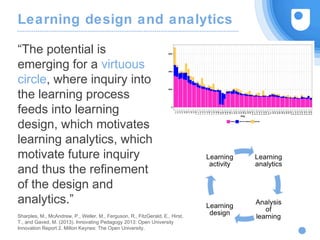 Learning design and analytics
“The potential is
emerging for a virtuous
circle, where inquiry into
the learning process
feeds into learning
design, which motivates
learning analytics, which
motivate future inquiry
and thus the refinement
of the design and
analytics.”
Sharples, M., McAndrew, P., Weller, M., Ferguson, R., FitzGerald, E., Hirst,
T., and Gaved, M. (2013). Innovating Pedagogy 2013: Open University
Innovation Report 2. Milton Keynes: The Open University.
 