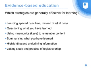 Evidence-based education
●Learning spaced over time, instead of all at once
●Questioning what you have learned
●Using mnemonics (keys) to remember content
●Summarising what you have learned
●Highlighting and underlining information
●Letting study and practice of topics overlap
Which strategies are generally effective for learning?
6
 