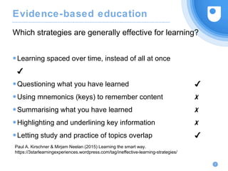 Evidence-based education
●Learning spaced over time, instead of all at once
✔
●Questioning what you have learned ✔
●Using mnemonics (keys) to remember content ✗
●Summarising what you have learned ✗
●Highlighting and underlining key information ✗
●Letting study and practice of topics overlap ✔
Which strategies are generally effective for learning?
7
Paul A. Kirschner & Mirjam Neelan (2015) Learning the smart way.
https://3starlearningexperiences.wordpress.com/tag/ineffective-learning-strategies/
 