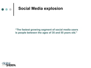 Social Media explosion
“The fastest growing segment of social media users
is people between the ages of 35 and 55 years old.”
 