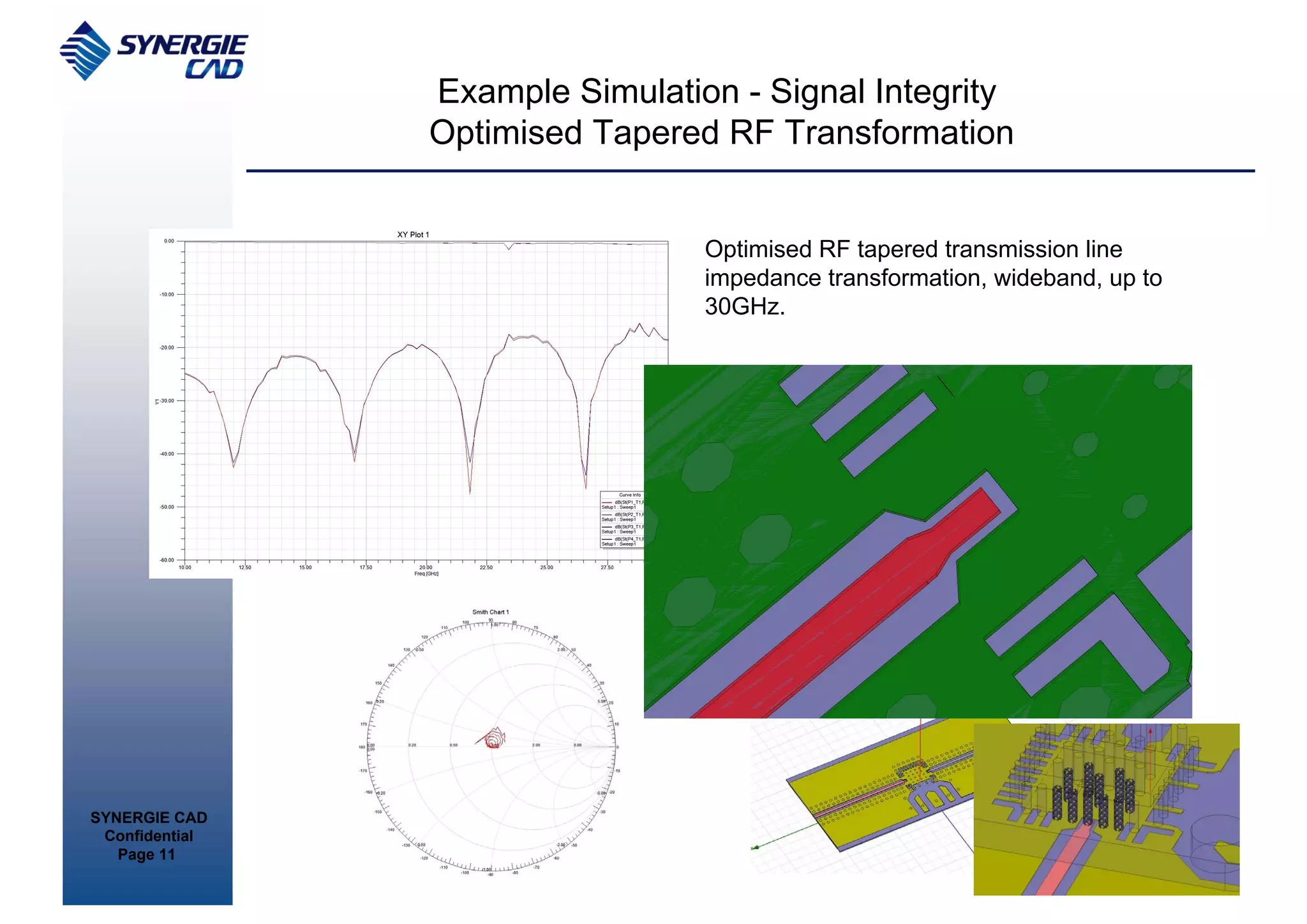 Example Simulation - Signal Integrity
                Optimised Tapered RF Transformation


                                 Optimised RF tapered transmission line
                                 impedance transformation, wideband, up to
                                 30GHz.




SYNERGIE CAD
 Confidential
   Page 11
 