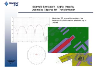 Example Simulation - Signal Integrity
                Optimised Tapered RF Transformation


                                 Optimised RF tapered transmission line
                                 impedance transformation, wideband, up to
                                 30GHz.




SYNERGIE CAD
 Confidential
   Page 11
 