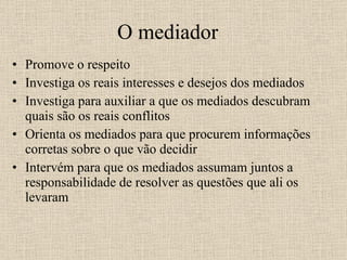 Promove o respeito  Investiga os reais interesses e desejos dos mediados Investiga para auxiliar a que os mediados descubram quais são os reais conflitos  Orienta os mediados para que procurem informações corretas sobre o que vão decidir  Intervém para que os mediados assumam juntos a responsabilidade de resolver as questões que ali os levaram  O mediador 