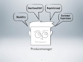 Emotionalität!   Begeisterung!


                                               Customer
iUsability                                    Experience




               Productmanager


                          4
 