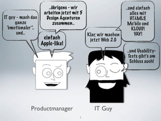 ..übrigens - wir                        ..und einfach
                     arbeiten jetzt mit 5                         alles mit
IT guy - mach das     Design Agenturen                            HTÄML5,
      ganze               zusammen..                            Mo’bile und
  “emotionaler”..                                                  KLOUD!
       und..                                Klar, wir machen        YAY!
                     einfach                 jetzt Web 2.0
                    Apple-like!
                                                               ..und Usability-
                                                                Tests gibt’s am
                                                                 Schluss auch!




             Productmanager                    IT Guy
                                       5
 