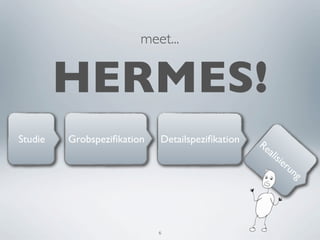 meet...


         HERMES!
Studie   Grobspeziﬁkation   Detailspeziﬁkation   Re
                                                   ali
                                                       sie
                                                           run
                                                               g




                            6
 
