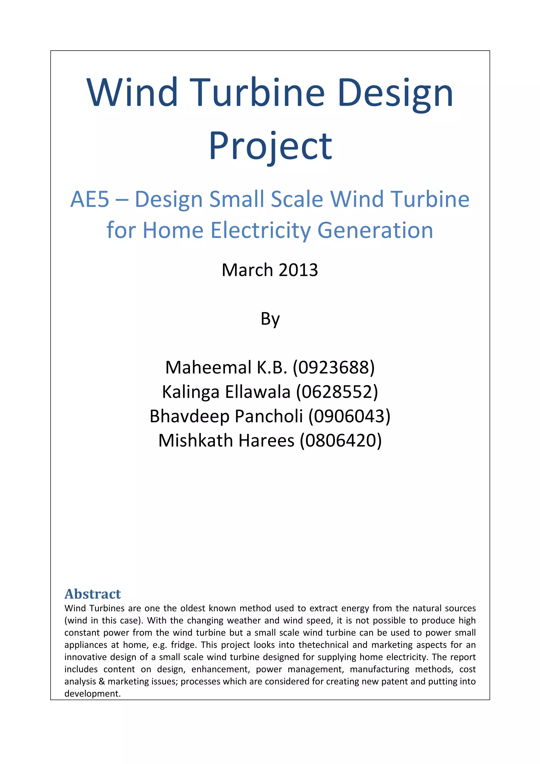 Design small scale wind turbine for home electricity generation | PDF