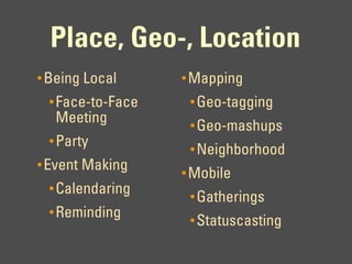 Place, Geo-, Location
• Being Local     • Mapping
 • Face-to-Face    • Geo-tagging
  Meeting          • Geo-mashups
 • Party
                   • Neighborhood
• Event Making
                  • Mobile
 • Calendaring
                   • Gatherings
 • Reminding
                   • Statuscasting
 