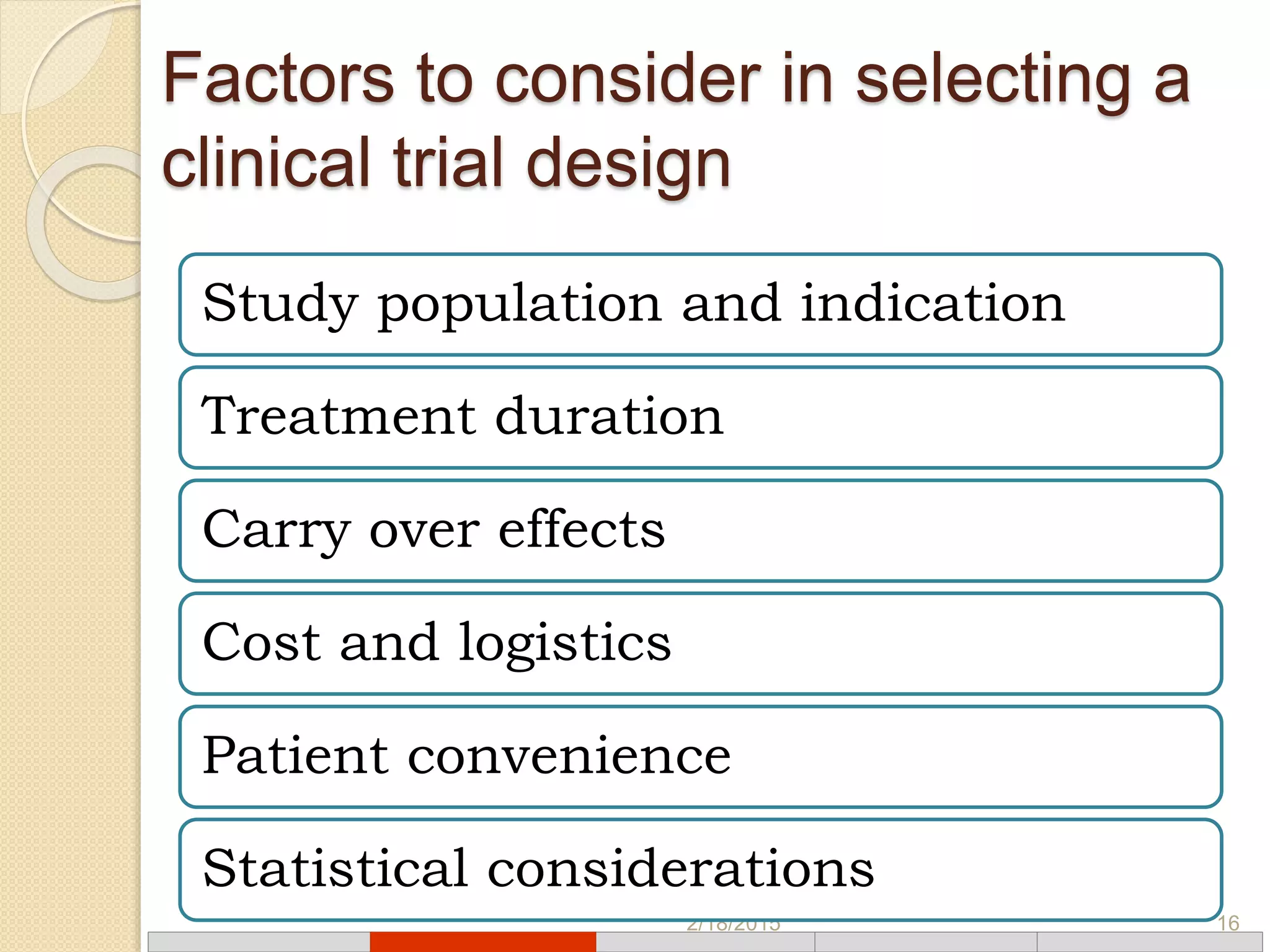 Factors to consider in selecting a
clinical trial design
2/18/2015 16
Study population and indication
Treatment duration
Carry over effects
Cost and logistics
Patient convenience
Statistical considerations
 