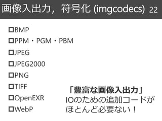 BMP
PPM・PGM・PBM
JPEG
JPEG2000
PNG
TIFF
OpenEXR
WebP
画像入出力，符号化 (imgcodecs) 22
「豊富な画像入出力」
IOのための追加コードが
ほとんど必要ない！
 